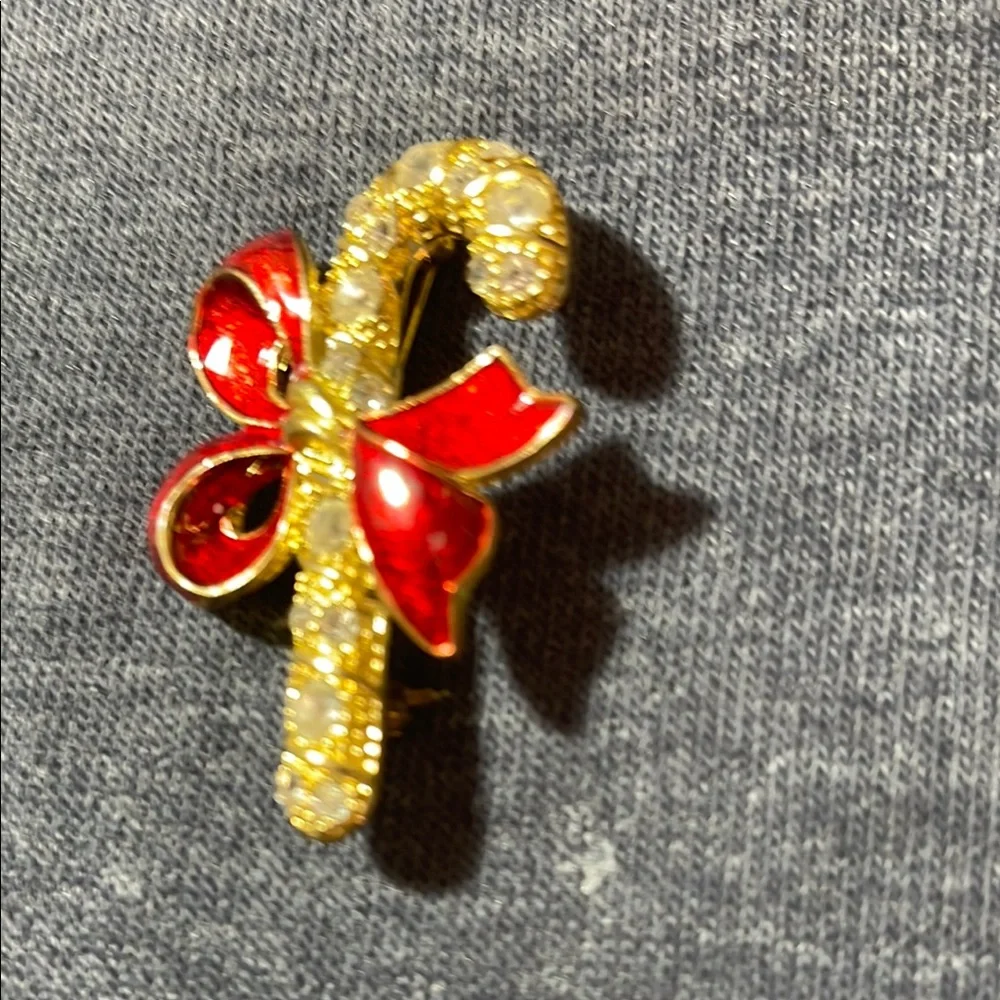 Vintage Gold tone Rhinestones & Red Enamel Candy Cane with Bow Brooch Pin
